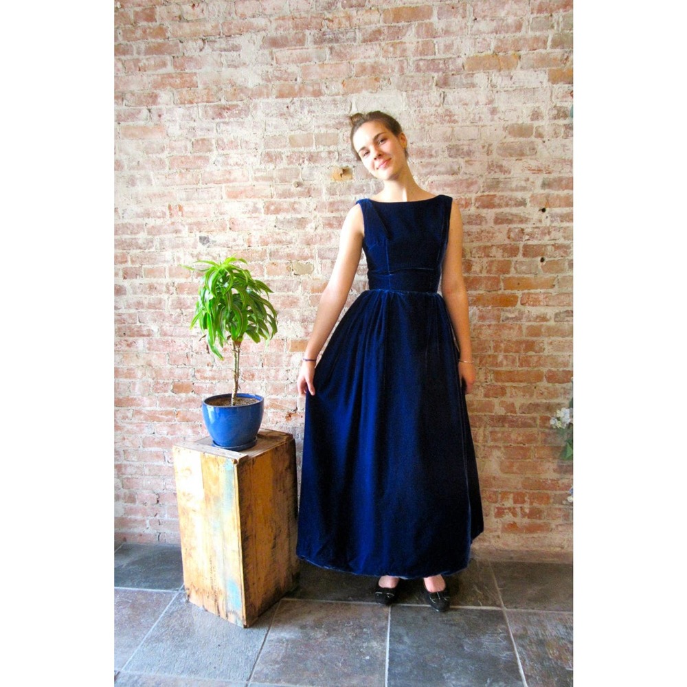 Vintage Velvet Dress Formal Gown 1960s Prom Crinoline Petticoat V Back - Picture 2 of 5